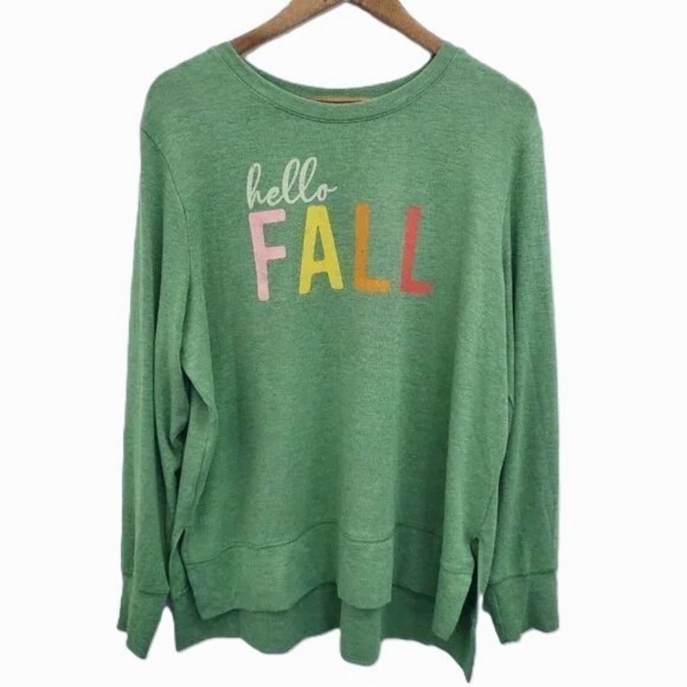 Positivi Tees‎ Womens XL Green Heather Hello Fall Graphic Long Sleeve T-Shirt